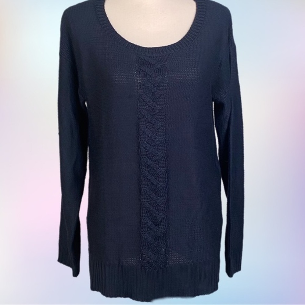 JOE FRESH navy knit sweater with a wide cable knit stripe in front. Large. EUC